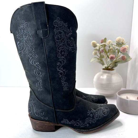 Roper Riley Scroll Embroidered Snip Toe Cowboy Western Boots Black Womens 10.5 - Picture 2 of 10
